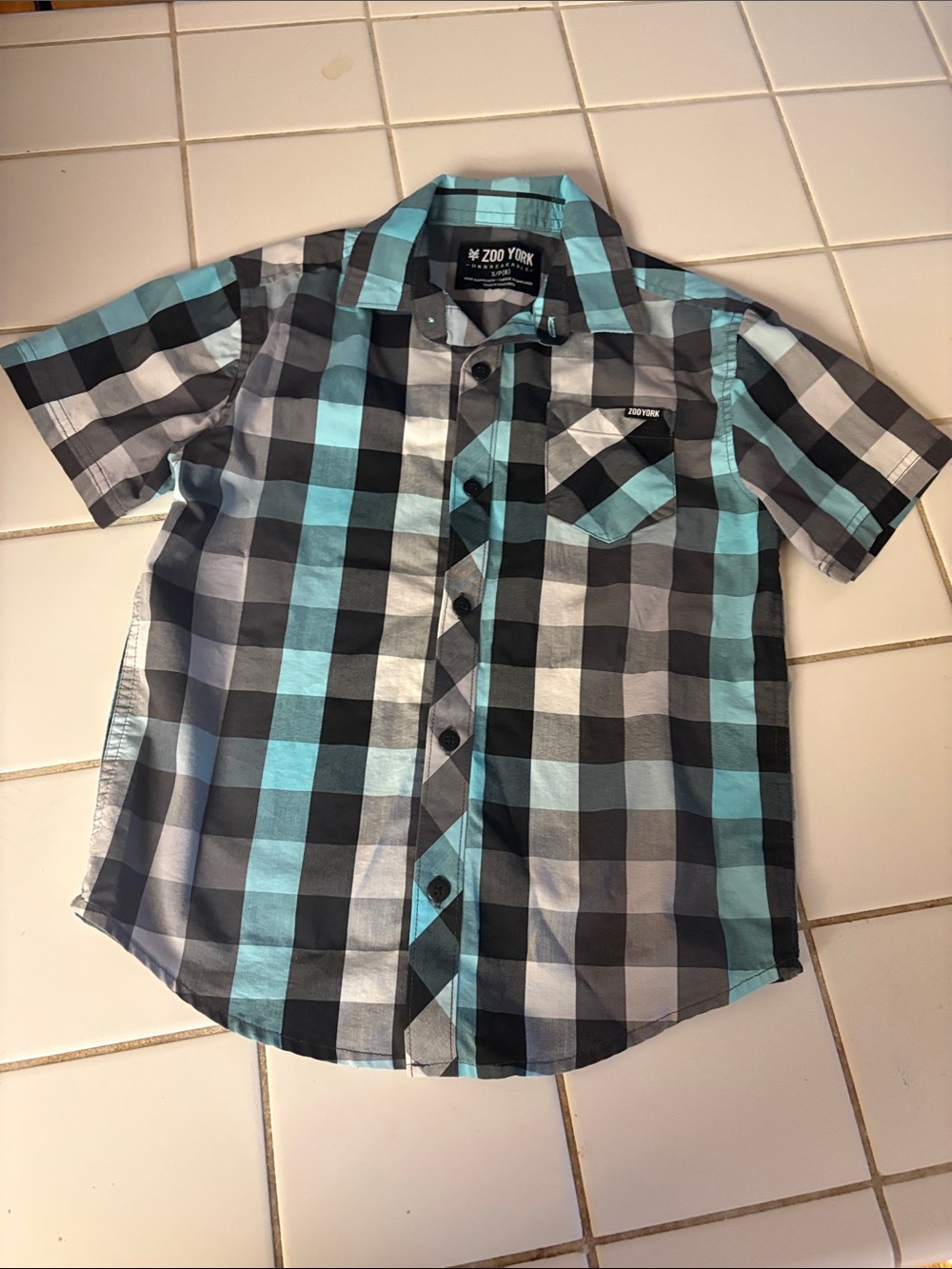 Zoo York Boys Aqua and Black Plaid Short Sleeve Button-Up